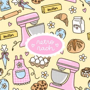 May include: A seamless pattern featuring baking-themed illustrations on a yellow background. The design includes pink stand mixers, aprons, butter, flour, eggs, rolling pins, and the text "retro rach" in a pink oval.