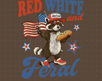 Arquivo digital imprimível de guaxinim vermelho, branco e selvagem, PNG engraçado para o 4 de julho, PNG de cachorro-quente patriótico, PNG de Crocs com chapéu americano, PNG patriótico