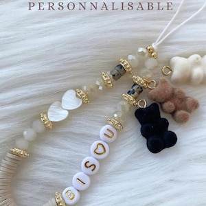 Colgante para móvil personalizable con cuentas Heishi – Correa para smartphone con nombre o palabra – Colgante para móvil hecho a mano – Regalo original para mujeres