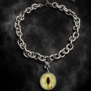 May include: A silver-toned chain necklace featuring a circular pendant with a preserved scorpion encased in a light yellow resin. The necklace has a thick, textured link design and includes an adjustable chain extension with a lobster clasp.