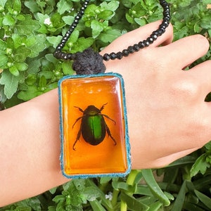 Real Beetle Square Resin Pendant Necklace, Goth Witch Wicca Pagan Pendants, Bohemian Beetle Pendant, Boho Necklace, Halloween CostumePendant