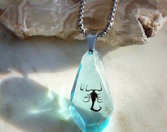 Real Scorpion In Faceted Resin Necklace With Stainless Steel Chain, Gothic Aquamarine Color Resin Pendant, Halloween Real Insect Jewelry