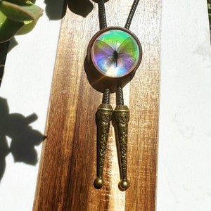 Real Butterfly Bolo Tie, Rainbow Resin Western Necktie, Gothic Insect Jewelry, Unique Cowboy Fashion, Statement Bug Accessory