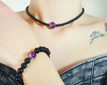Natural Phantom Amethyst And Black Onyx Choker&Bracelet Jewelry Set, Healing Crystal Necklace Bracelet Set, Beaded Choker and Bracelet