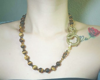 Pure Copper Snake And Natural Tiger's Eye bead Necklace, Gothic Snake Gemstone Protection Necklace, Snake Jewelry