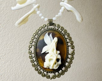 Fairy On Skull Cameo Necklace with White Mother of Pearl Chips and Black Onyx Beads - Unique Gothic Jewelry,