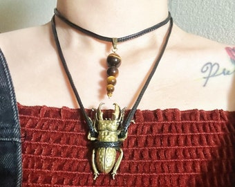 Brass Beetle Necklace – Ghost Neck Insect Pendant with Tiger’s Eye Choker – Statement Bug Lover Jewelry