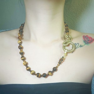 Pure Copper Snake And Natural Tiger's Eye bead Necklace, Gothic Snake Gemstone Protection Necklace, Snake Jewelry
