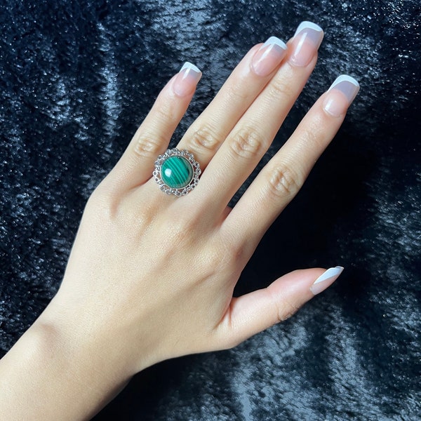 Natural Malachite Ring, Green Crystal Adjustable Ring, Malachite Jewelry, Green Malachite Gemstone Ring, Positive transformation and Healing