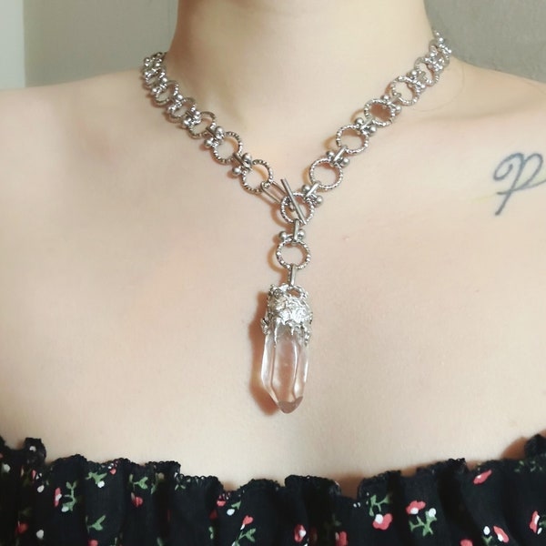 Clear Quartz Point With Stainless Steel Chain Healing Crystal Necklace, Soldered Polished Clear Quartz Punk Toggle Choker Necklace