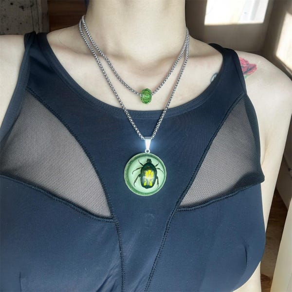 Real Green Beetle Necklace, Glow in the Dark Pendant, Double Layer Stainless Steel Chain, Nature Insect Jewelry, Forest Witch Aesthetic