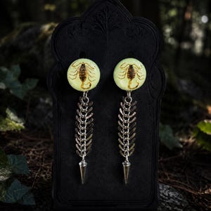 May include: A pair of dangle earrings featuring a scorpion design. Each earring has a round, pale yellow stud with a scorpion image, connected to a silver-colored chain and a silver-colored spike. The earrings are displayed on a black stand against a blurred forest background.