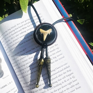 May include: A black bolo tie with a round, clear pendant featuring a fossilized shark tooth. The pendant is set in a wooden frame. The bolo tie is on a book with the text "ODDS: 1.8-1" visible.