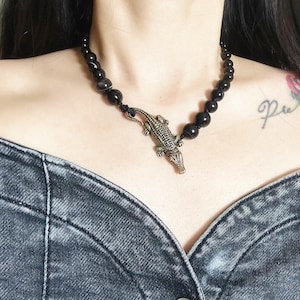 Gothic Crocodile Pendant Choker with Black Onyx Beads – Pure Brass, Gothic Statement Necklace, Dark Witch Jewelry