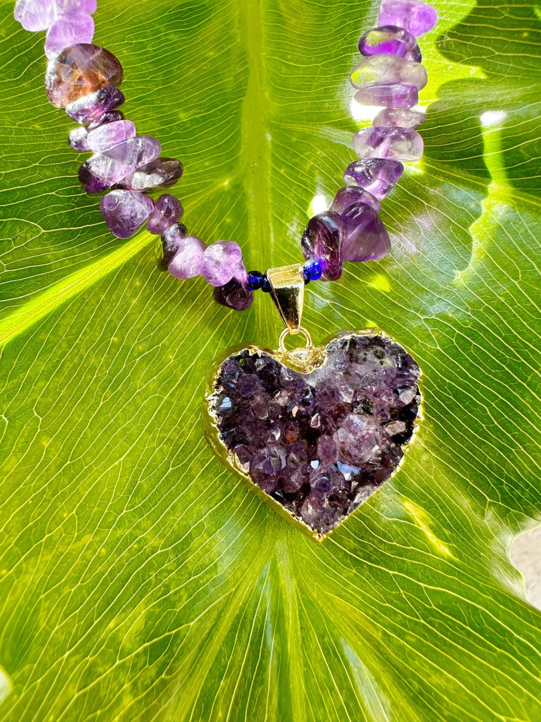 Raw Amethyst Heart Pendant With Amethyst Chip Necklace Gold Etsy