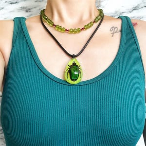 Real Green Beetle Pendant Necklace with Beaded Choker | Insect Jewelry Set | Nature Statement Necklace