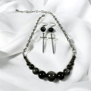 Silver Obsidian Bead Choker Necklace and Sword Earrings Set | Gothic Jewelry | Stainless Steel Chain | Dark Academia | Alt Gift for Her
