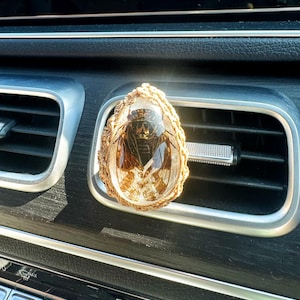 May include: A gold-colored car air freshener with a clear resin casing containing a preserved cicada insect. The air freshener is attached to a car's air vent.