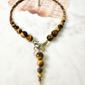 Natural Tiger Eye Necklace with Snake and Butterfly - Gothic, Witchy, Boho, Spiritual Protection Jewelry