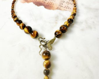 Natural Tiger Eye Necklace with Snake and Butterfly - Gothic, Witchy, Boho, Spiritual Protection Jewelry