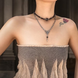 Gothic Chainmail Heart Necklace Set, Silver Obsidian Choker and Spike Pendant Necklace, Dark Punk Stainless Steel Jewelry image 3