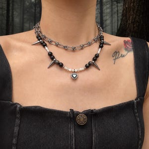 Gothic Heart Spike Layered Necklace, Silver Sheen Obsidian Mother of Pearl Double Layer Choker, Stainless Steel Dark Heart Jewelry