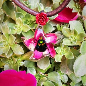 Real Scarab Beetle On Rose Petals Pendant With Thick Genuine Leather Necklace, Goth Witchy Bug Floral Jewelry, Real Insect & Flower Necklace