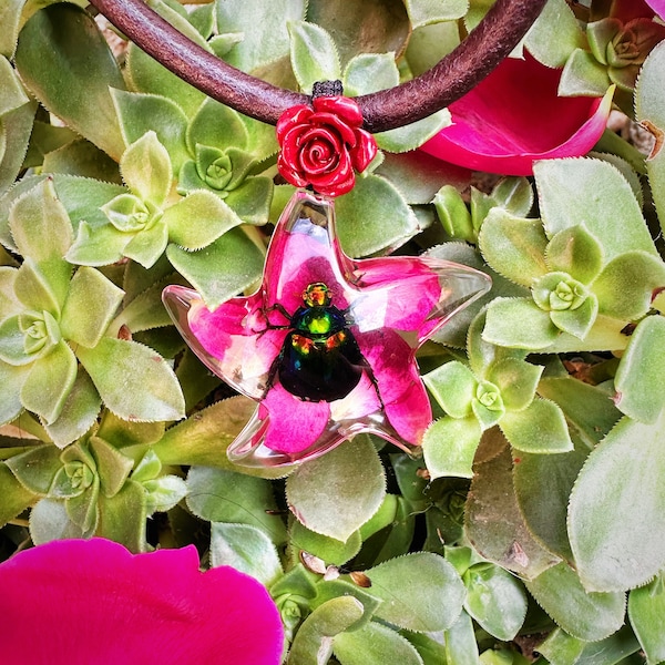 Real Scarab Beetle On Rose Petals Pendant With Thick Genuine Leather Necklace, Goth Witchy Bug Floral Jewelry, Real Insect & Flower Necklace