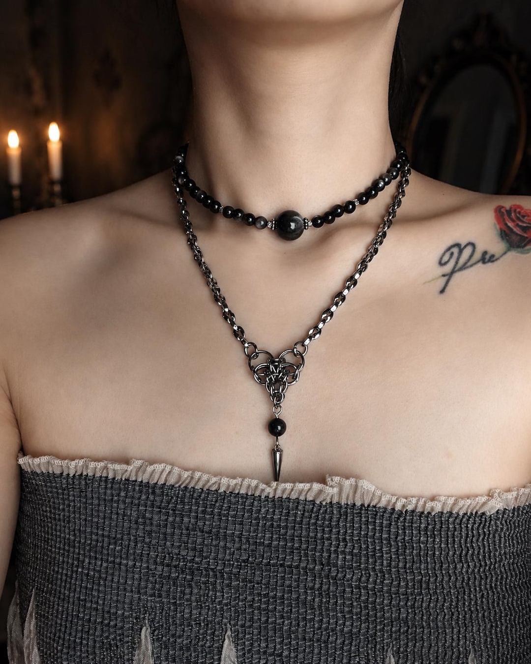 Gothic Chainmail Heart Necklace Set, Silver Obsidian Choker and Spike Pendant Necklace, Da