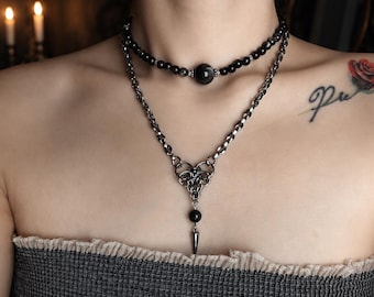 Gothic Chainmail Heart Necklace Set, Silver Obsidian Choker and Spike Pendant Necklace, Dark Punk Stainless Steel Jewelry