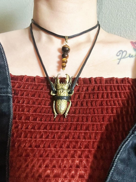 Brass Beetle Necklace – Ghost Neck Insect Pendant with Tiger’s Eye Choker – Statement Bug Lover Jewelry