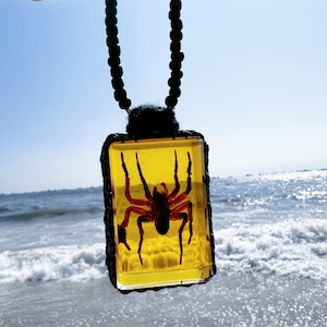 Real Spider Square Resin Pendant Necklace, Goth Witch Wicca Pagan Pendants, Bohemian Spider Pendant, Boho Necklace, Halloween CostumePendant