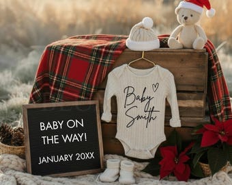 Christmas Minimal Digital Pregnancy Reveal Announcement Neutral Christmas Baby Social Media Editable Canva Template Pregnant Christmas 00CI3