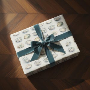 Könnte beinhalten: Ein Geschenkbox, verpackt in Papier mit Austernschalenmuster. Ein tealfarbenes Samtband ist als Schleife um die Box gebunden. Die Box liegt auf einer Holzoberfläche.
