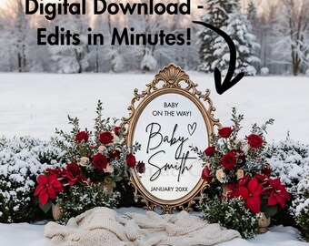Minimalist Christmas Snowy Baby Announcement Pregnancy Reveal Digital Editable Canva Template Grandparent Social Media Mirror Reveal 00CI2