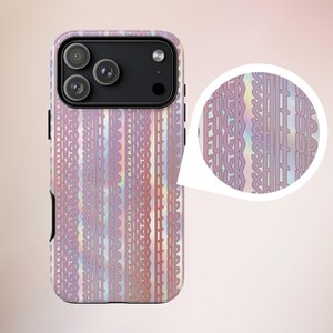 May include: A phone case with a holographic finish, featuring a repeating vertical pattern of the words "FUCK UP" in a stylized font. The case has a black camera module and a black side button.