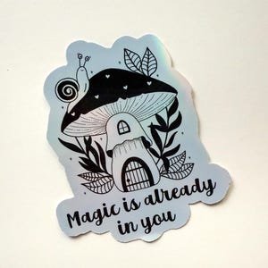 Adesivo per laptop alografico con fungo floreale, adesivo per l'amore per se stessi, adesivo motivazionale per la terapia di autocura, citazione di affermazione positiva, salute mentale stravagante