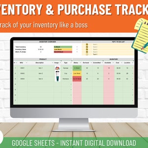 May include: A computer screen displaying a Google Sheets spreadsheet template for inventory and purchase tracking. The spreadsheet includes columns for SKU, description, type, status, on-hand, committed, available, cost, and location. The spreadsheet also includes a section for inventory overview with a total inventory value of £190.00. The spreadsheet is titled "Inventory & Purchase Tracker" and has the tagline "Keep track of your inventory like a boss".