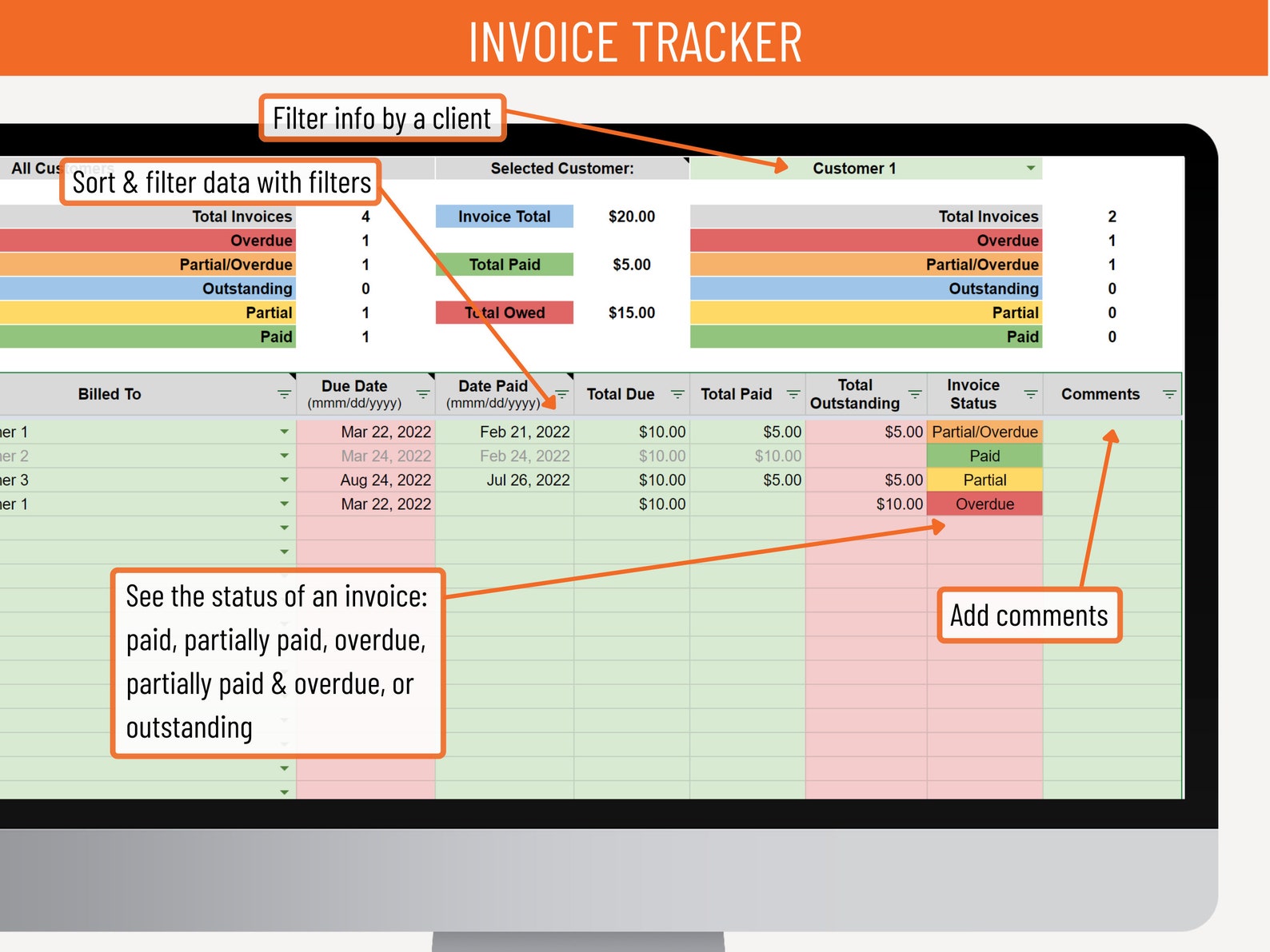 Invoice Template Spreadsheet for Google Sheets, Invoice Payment Tracker ...