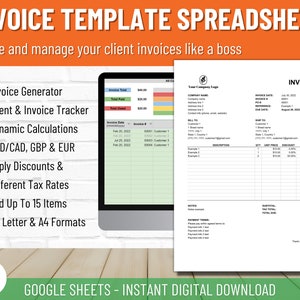 Google スプレッドシート用の請求書テンプレート スプレッドシート、請求書支払いトラッカー、クライアント トラッカー、中小企業向けのロゴ付き印刷可能な請求書