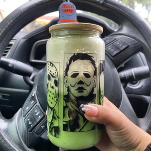 Scary Movies Halloween Iced Coffee Glass w/ Lid & Straw Horror Movies Cup Horror Movie Gifts Halloween Horror Movie Characters