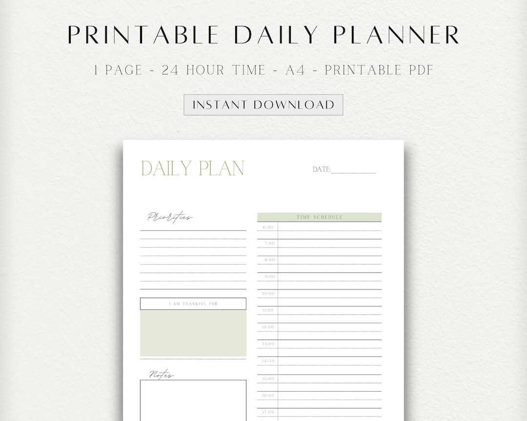 Printable Daily Planner 24 Hour Time Undated DIN A4 Green - Etsy
