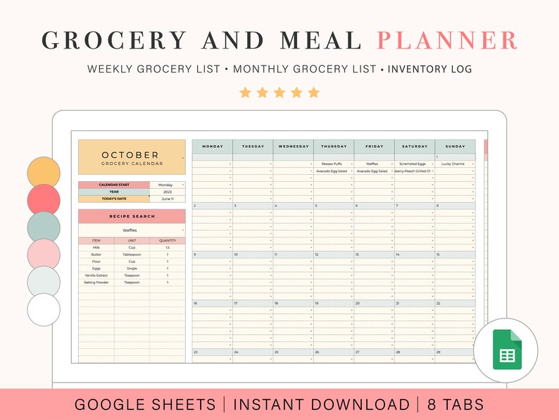 May include: A digital planner for grocery and meal planning. The planner is organized by month and day of the week. It includes a grocery list, a recipe search, and a calendar. The planner is designed to be used with Google Sheets and is available for instant download. The planner has 8 tabs.
