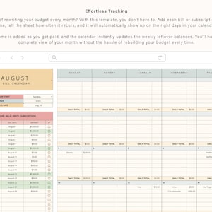 May include: Digital August bill calendar template with a clean, organized layout. The template includes sections for income, bills, and subscriptions, with a calendar view for tracking expenses. The design is minimalist with a neutral color palette.