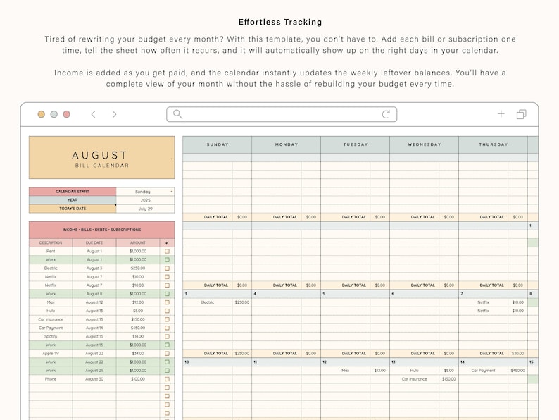 May include: Digital August bill calendar template with a clean, organized layout. The template includes sections for income, bills, and subscriptions, with a calendar view for tracking expenses. The design is minimalist with a neutral color palette.