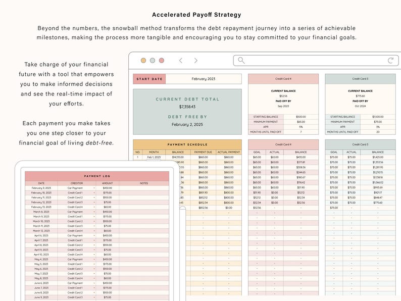 May include: A digital debt repayment tracker template featuring a pastel color palette of pink, yellow, and sage green. The interface displays an Accelerated Payoff Strategy, a payment schedule, and a payment log with columns for date, creditor, and amount.