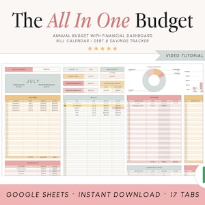 May include: A digital budget spreadsheet titled The All In One Budget, featuring an annual financial dashboard, bill calendar, and debt and savings tracker. The interface includes tables, a pie chart, and a green Google Sheets icon.