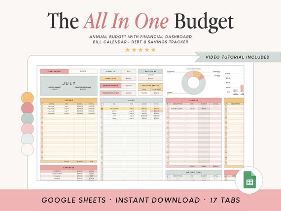 All In One Budget Spreadsheet | Google Sheets Budget Template Spreadsheet | Debt Payoff Planner | Savings Planner | Finance Planner