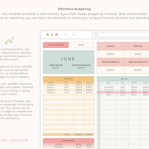May include: A printable budget planner template with a light blue, pink, and yellow color scheme. The template includes sections for income, bills, expenses, and a pie chart. The title of the template is "Effortless Budgeting".