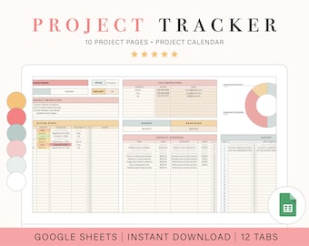 Puede incluir: Una plantilla digital de seguimiento de proyectos en pantalla, con secciones para objetivos, pasos de acción, colaboradores, presupuesto, gastos y un calendario. El diseño incluye un gráfico circular, una paleta de colores y un icono de Google Sheets.